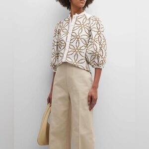 NEW Maison Common Eyelet Embroidered Linen Puff Sleeve Blouse Luxury